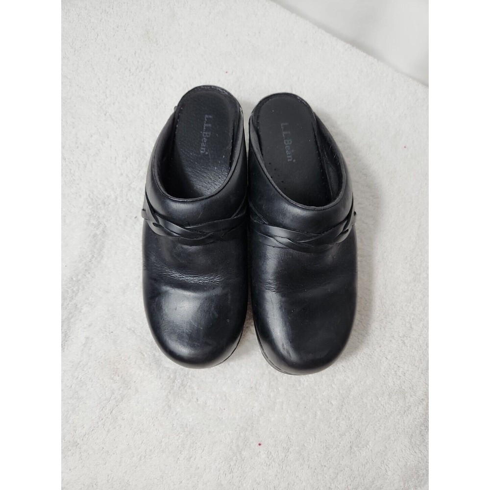 L.L. Bean Womens Clogs 7 M 38M Black Smooth Leather Wedge Nurses Comfort Shoe